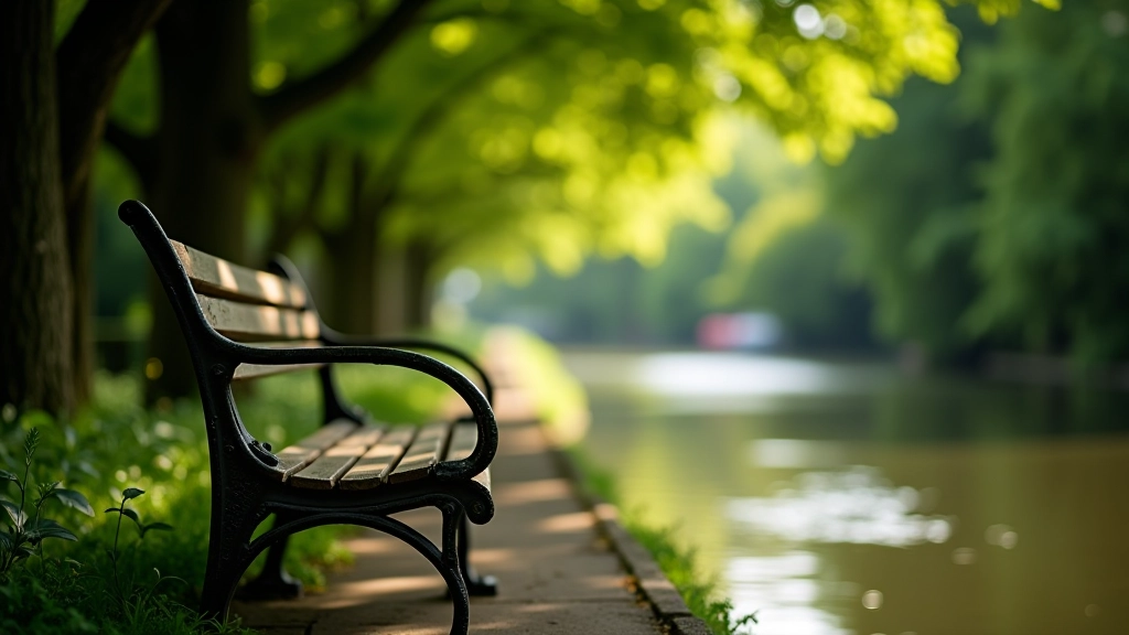 Comfortable bench on canal towpath, rest area with water view