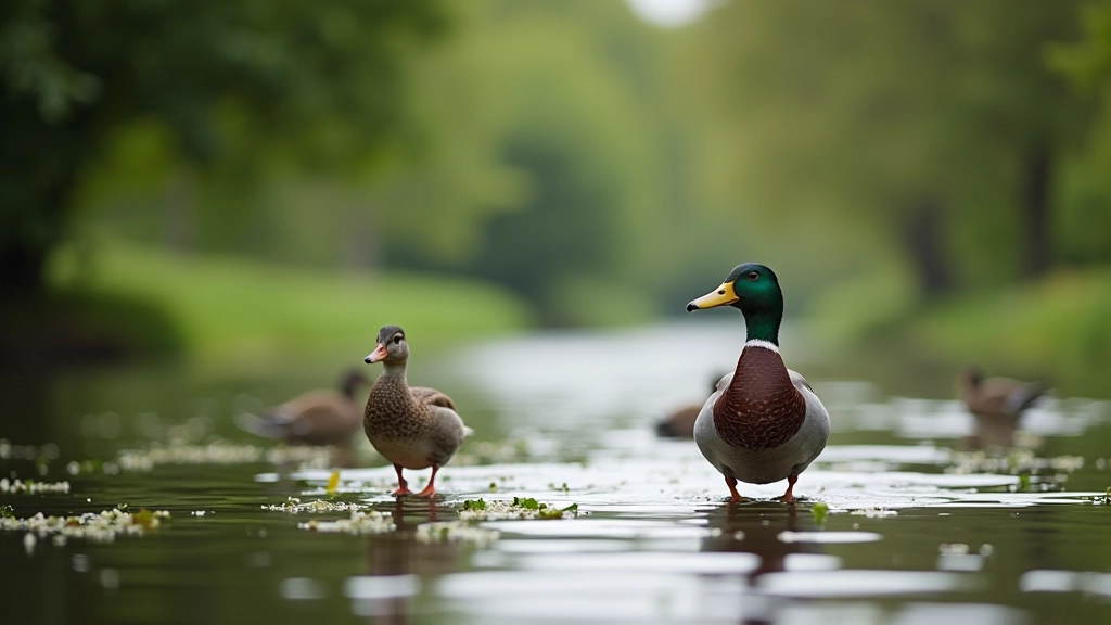 Close-up of wildlife near water — ducks and birds on canal, water lilies, natural setting