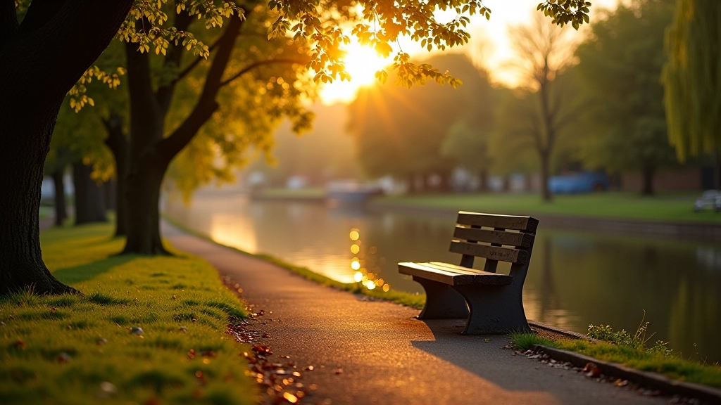 Peaceful bench overlooking the canal with calm water and trees reflected, golden hour lighting, serene waterside moment